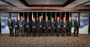 TPP Ministerial Meeting, Sydney, family photo, 26 October. (left to right: Permanent Secretary of Brunei, Hon. Dato Lim Jock Hoi; Canadian Minister of International Trade, the Hon Ed Fast; Chilean Vice Minister of Foreign Affairs, Andres Rebelledo; Japane